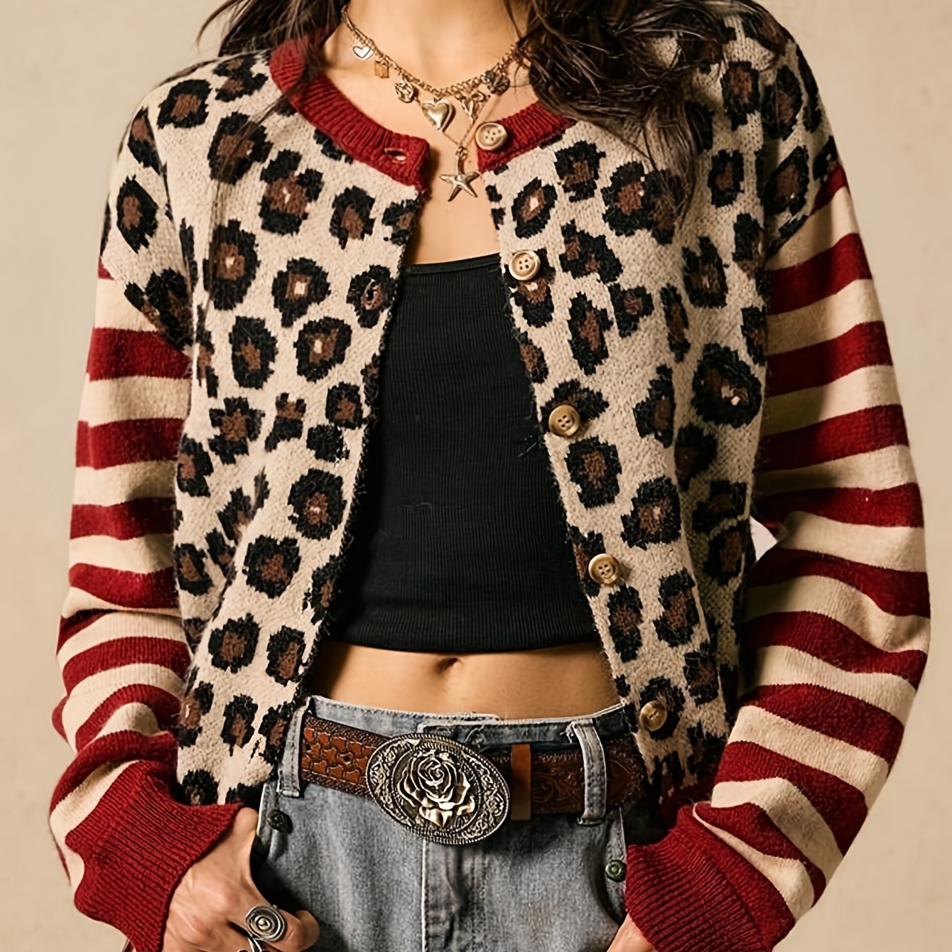 Crop Cardigan Vintage - Women Crew Neck Button Front Cardigan