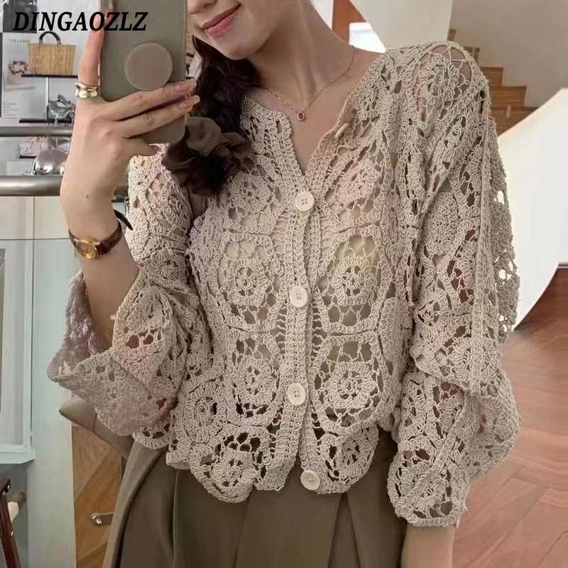 Retro Hook Flower Hollow Out T – Crop Cardigan Vintage Bewertung und Preis