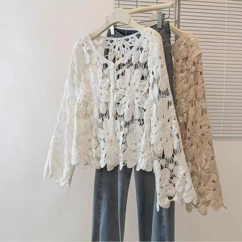 Retro Hook Flower Hollow Out T – Crop Cardigan Vintage Bewertung und Preis